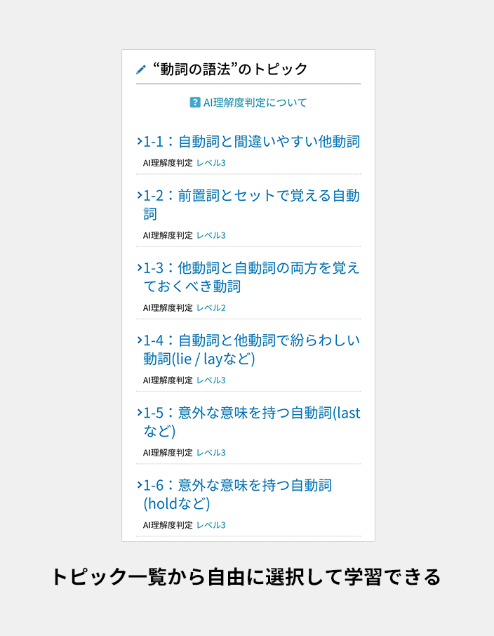 トピック一覧から自由に選択して学習できる